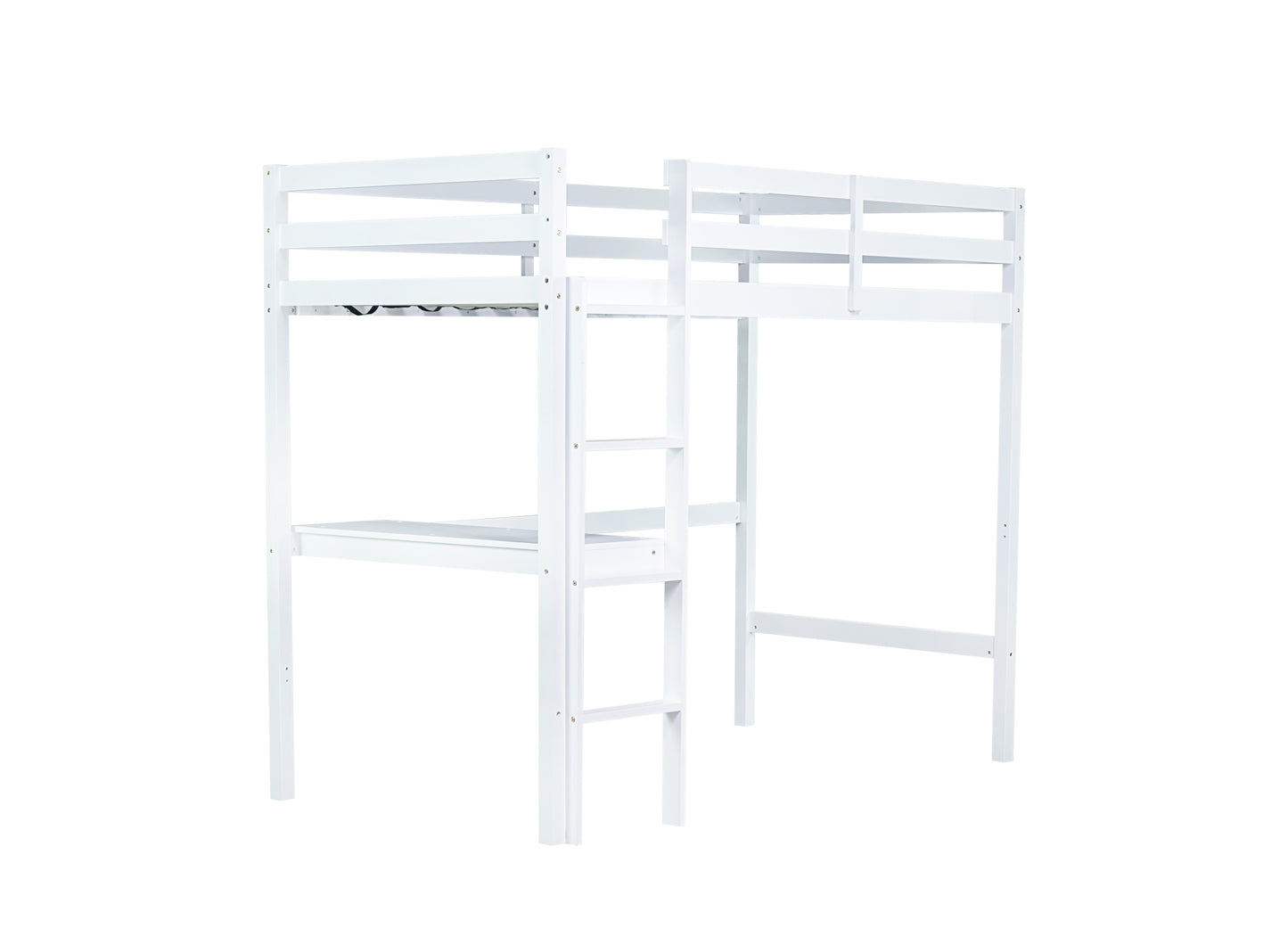 Twin High Loft Bed, Rubber Wood  Loft Bed with Safety Guardrail, built-in desk, ladder,White