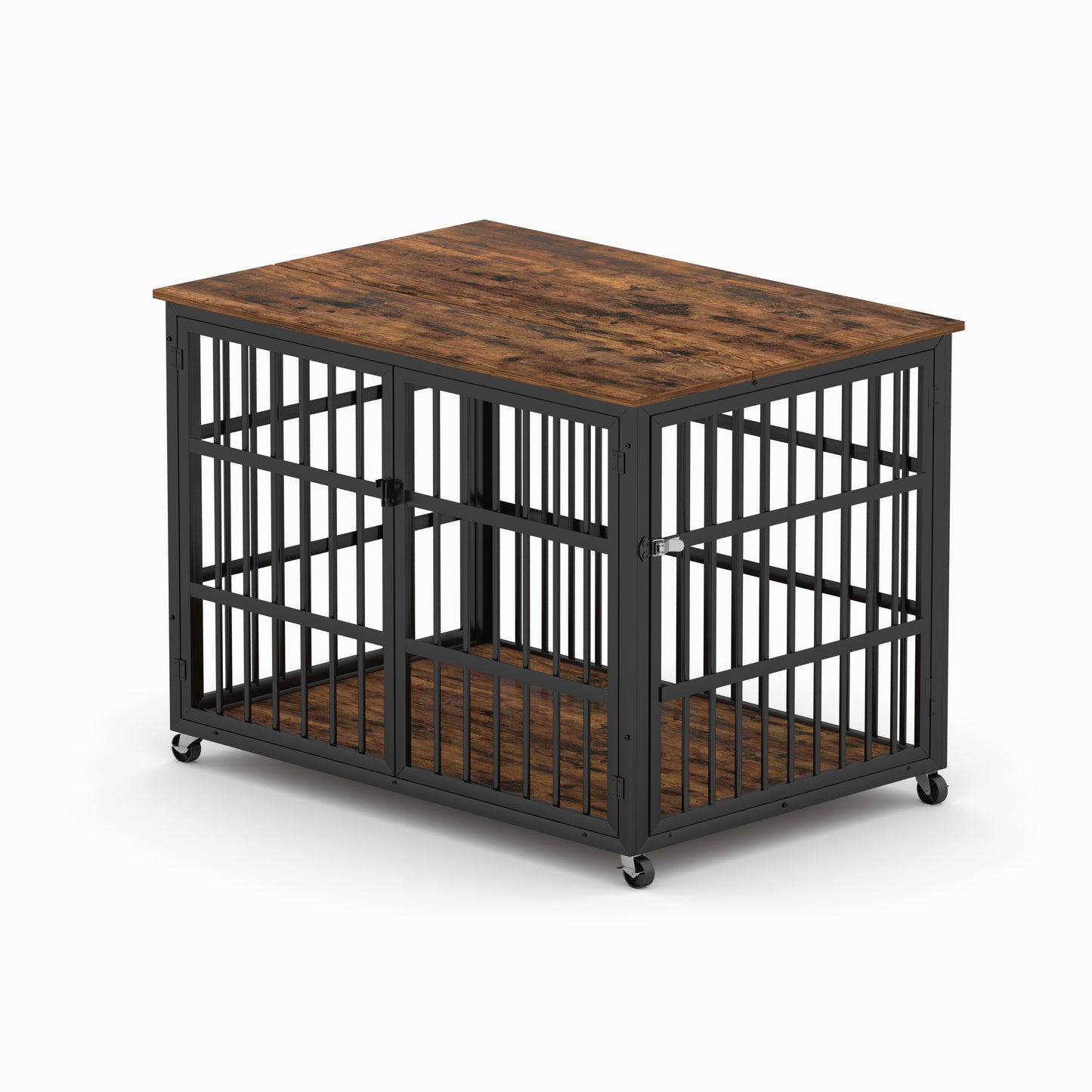 Furniture style dog crate wrought iron frame door with side openings, Rustic Brown, 43.3''W x 29.9''D x 33.5''H.