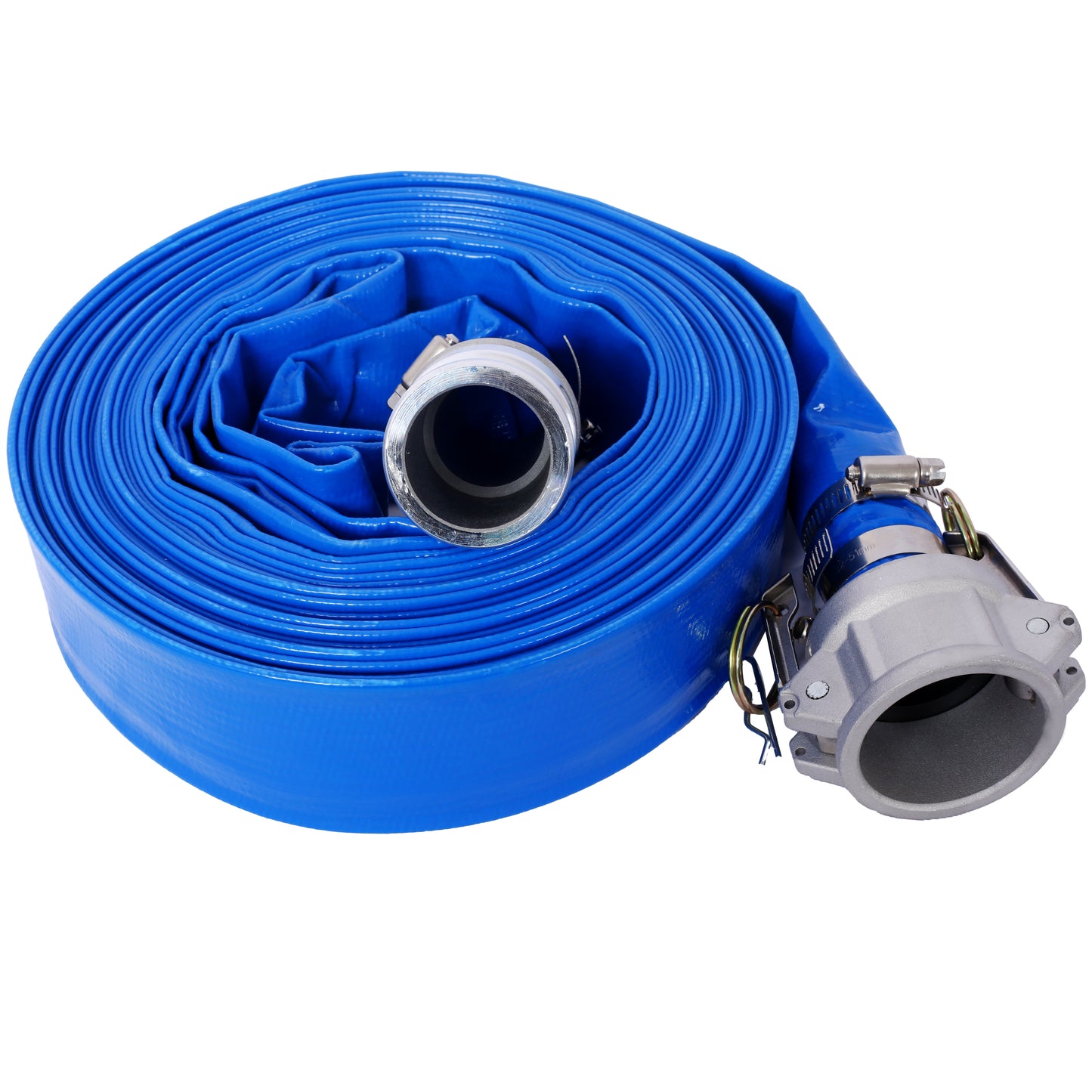 2'x50Ft  Pool Backwash Hose, Heavy Duty Reinforced Blue PVC Lay Flat Water Discharge Pump Hoses For Swimming Drain Pools and Clean Filters, with Aluminum Camlock C and E Fittings