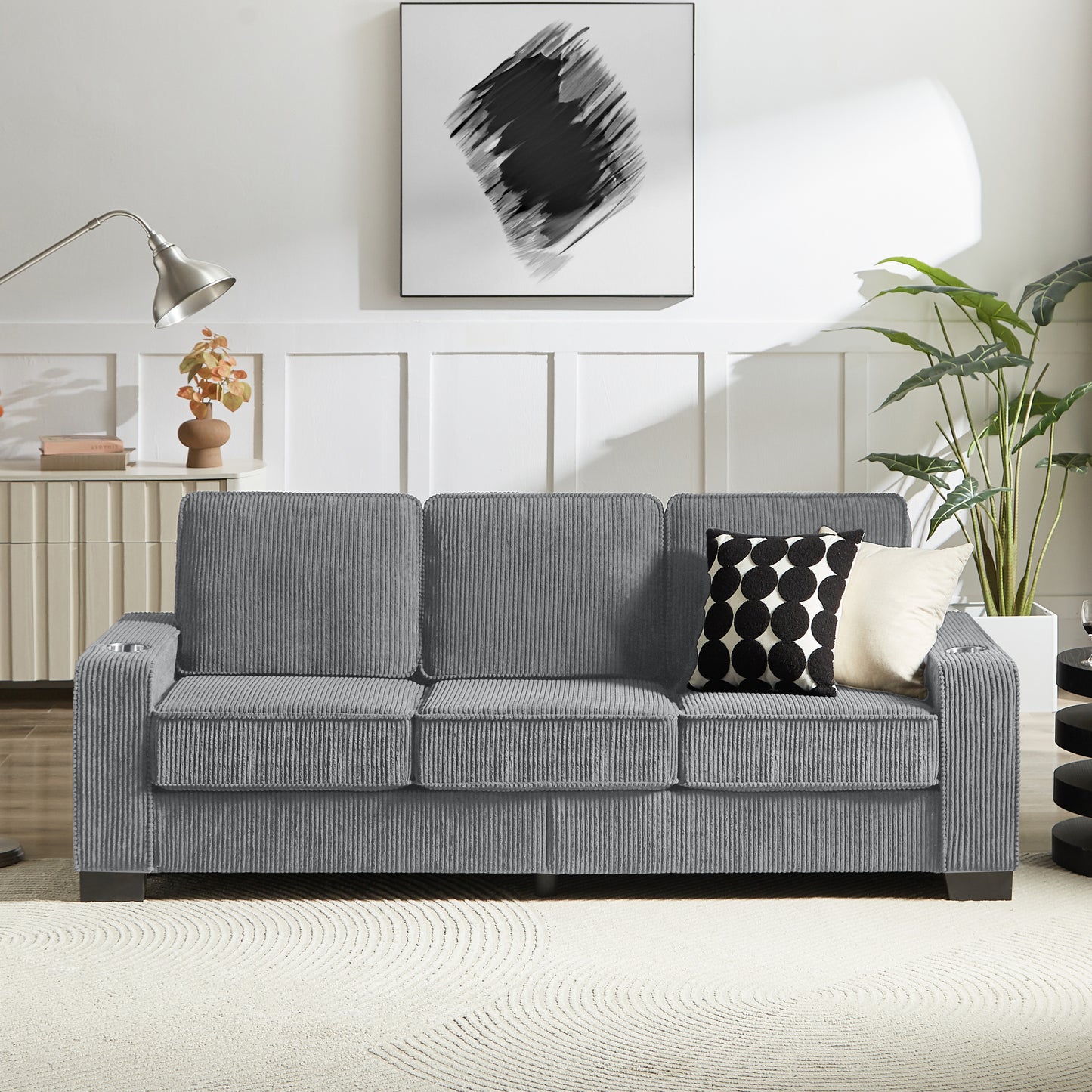 83.86" Corduroy Fabric sofa,Modern Compressed Couch,3-Seater Sofa, Furniture for Living Room,Bedroom,office ,Gray