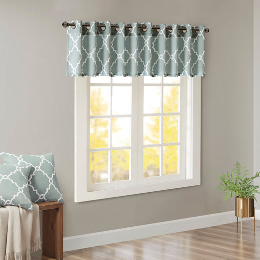 Fretwork Print Grommet Top Window Valance Seafoam/White 50x18'