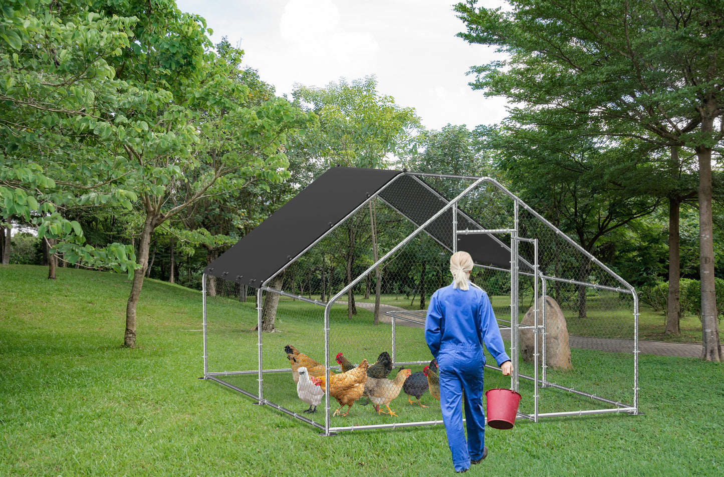 Large metal chicken coop, walk-in chicken coop, galvanized wire poultry chicken coop, rabbit duck coop with waterproof and UV protection cover for outdoor, backyard and farm. 9.8' W x 13.1' L x 6.6' H