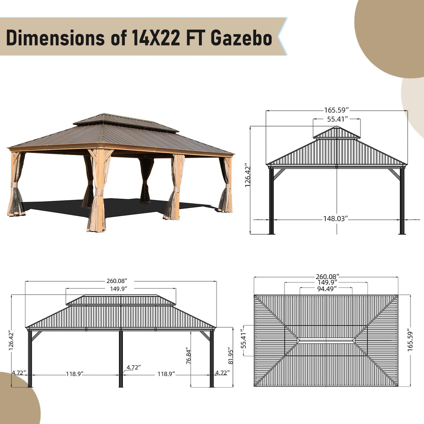 14x22FT Hardtop Gazebo, Outdoor Gazebo with Galvanized Steel Double Roof, Aluminum Frame, Built-in Gutter System, Curtain and Netting, Metal Gazebo Pavilion for Patio Deck Garden, Wood-Looking