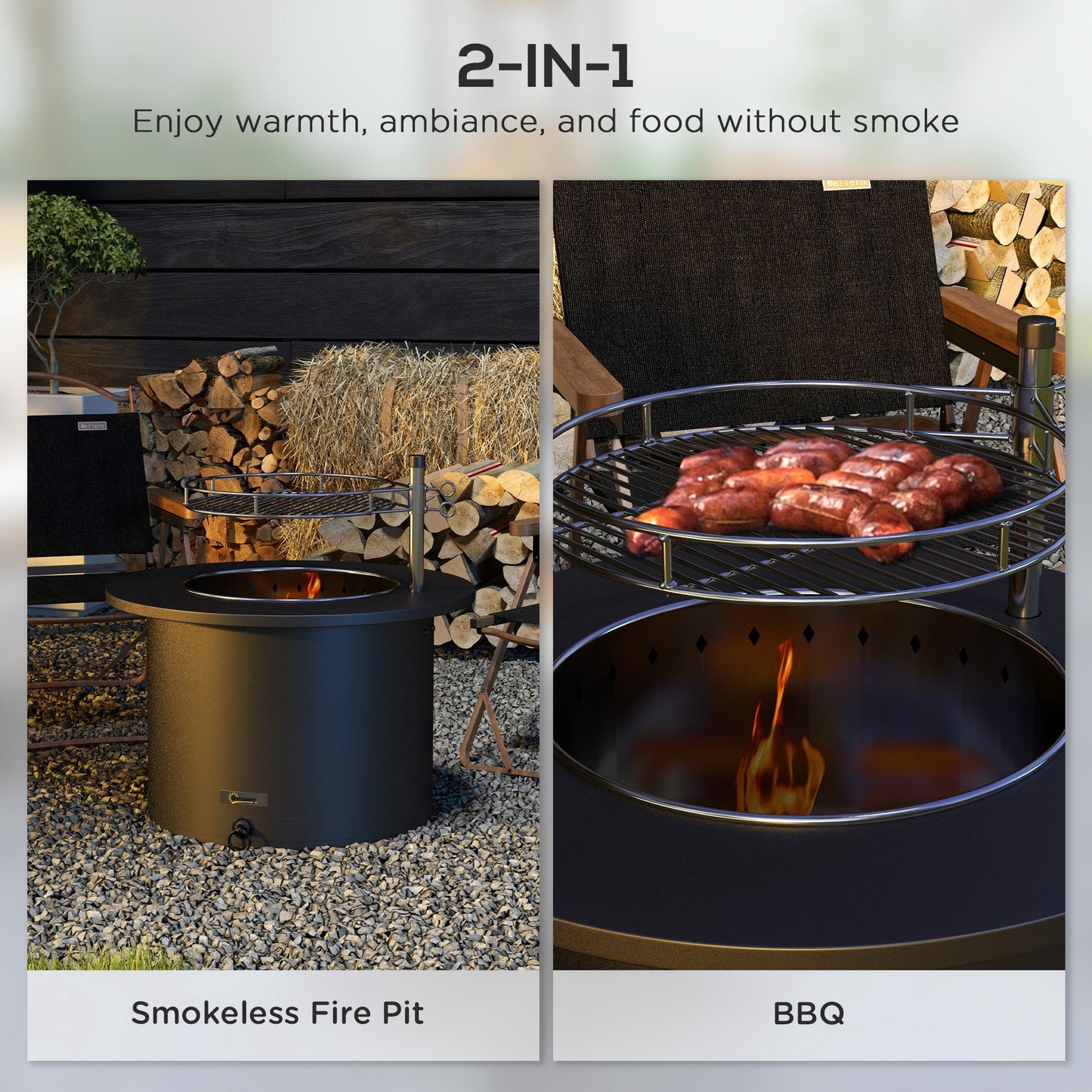 Outsunny 2-in-1 Smokeless Fire Pit, BBQ Grill, 25" Portable Wood Burning Firepit with Cooking Grate, Ash Tray & Poker, Low Smoke Camping Bonfire Stove for Patio Picnic, Stainless Steel, Black