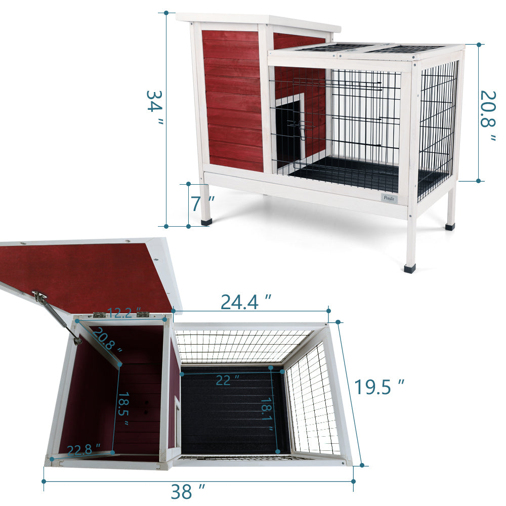 Two-Tier Wooden Indoor/Outdoor Rabbit Cage for Small Animals with Runway and Leak-Proof Plastic Tray,Red