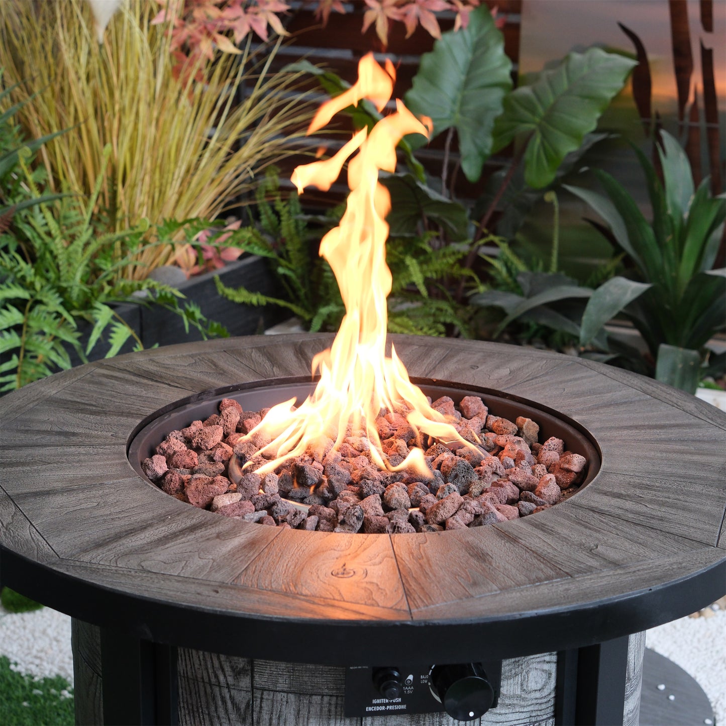 Outdoor Propane Fire Pit, Square Stonecrest Gas Fire Pit for Outside Patio, Concrete Propane Fire Table 50,000 BTU Gas Fire Pit w Lava Rocks, Waterproof Cover