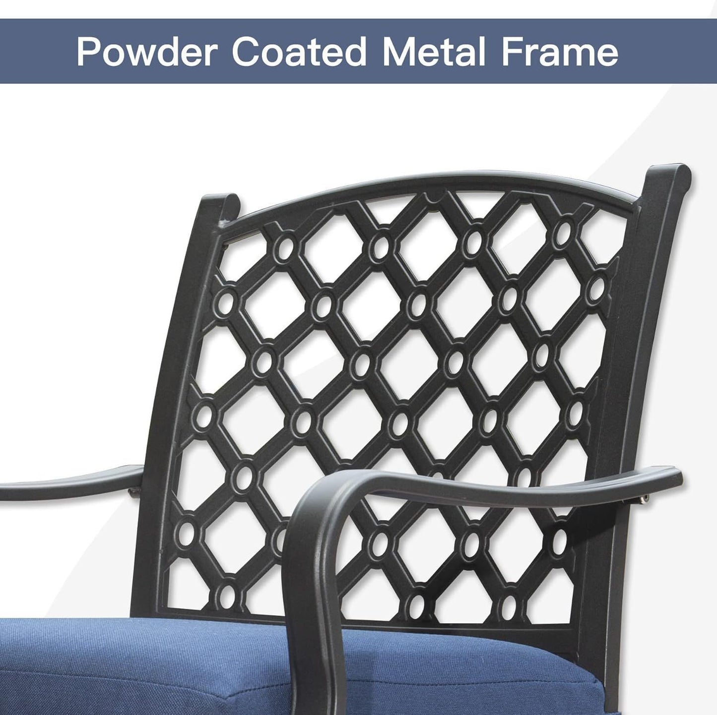 Outdoor 7 pcs Patio Dining Set, Metal Dining Table, Swivel and Dining Chairs Conversation Set with Removable Navy Blue Cushions for Garden Lawn Yard