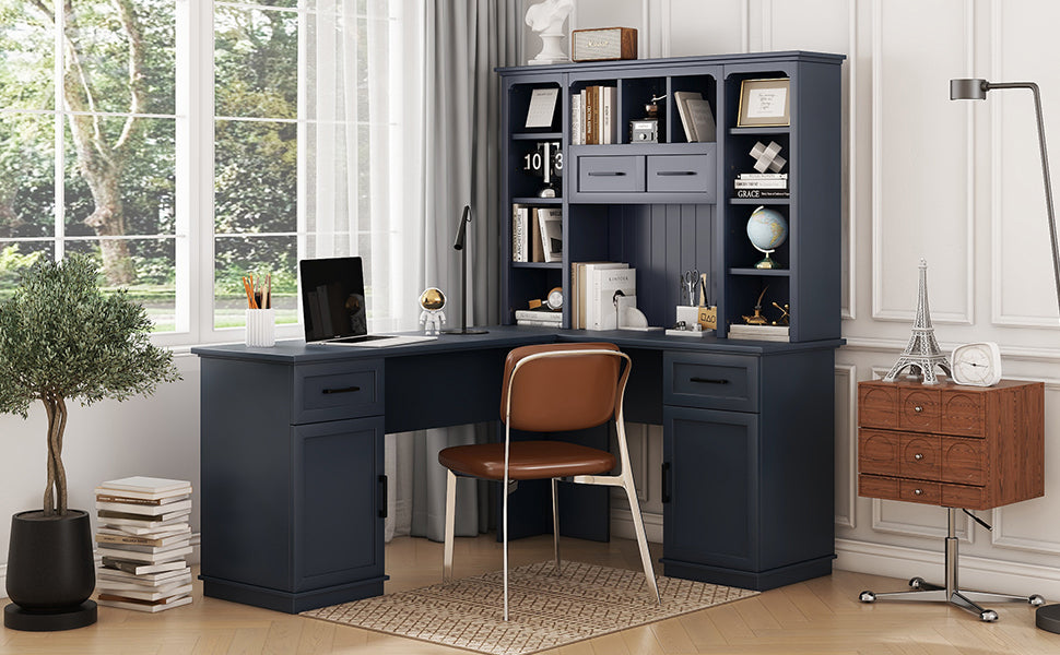 L-shaped computer desk with 2 cabinets and 2 drawers underneath the table, 11 open shelves and a flip-up shelf with storage on the right side, suitable for study, living room and office, Antique Blue