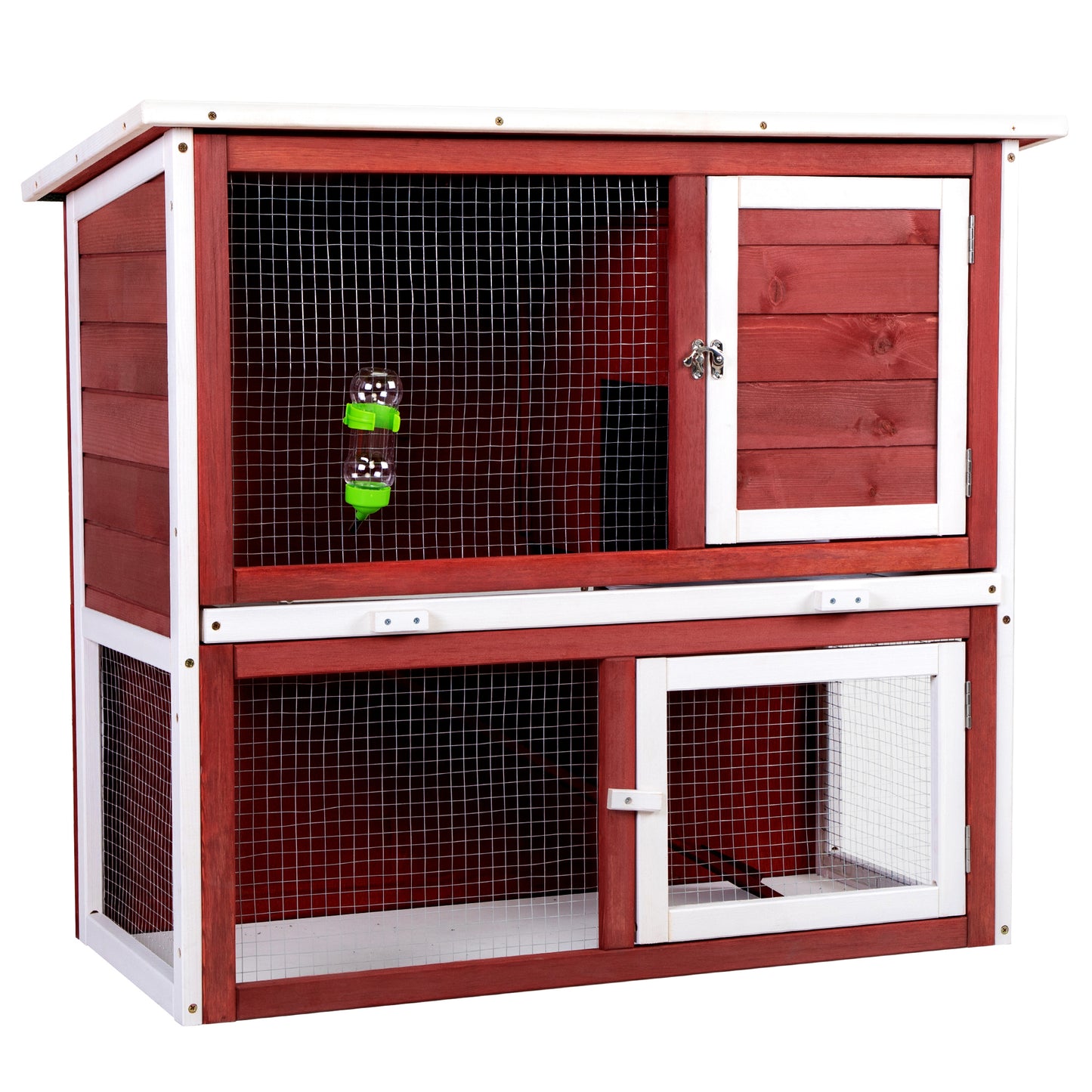 Wood Rabbit Hutch, Pet Playpen with 2 Stories, Ramp, Doors, Pull-out Tray, Water Bottle, Outdoor Enclosure for Small Animals Bunnies, Red and White