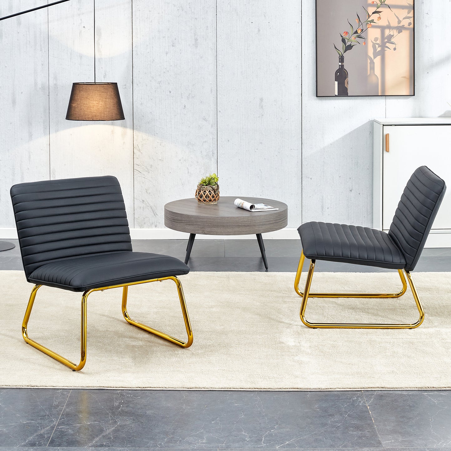 [SantaChoice] Black minimalist armless sofa chair with PU backrest and golden metal legs, suitable for offices, restaurants, kitchens, and bedrooms