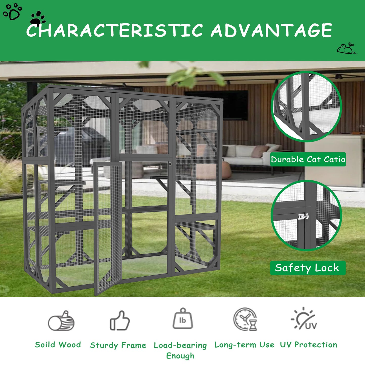 Catio Outdoor Cat Enclosure Cat House Wooden Cat Cage Large Feral Cat Shelter for Mulitiple Cats with Six Platforms, Large Enter Door, Waterproof Roof 60" Grey