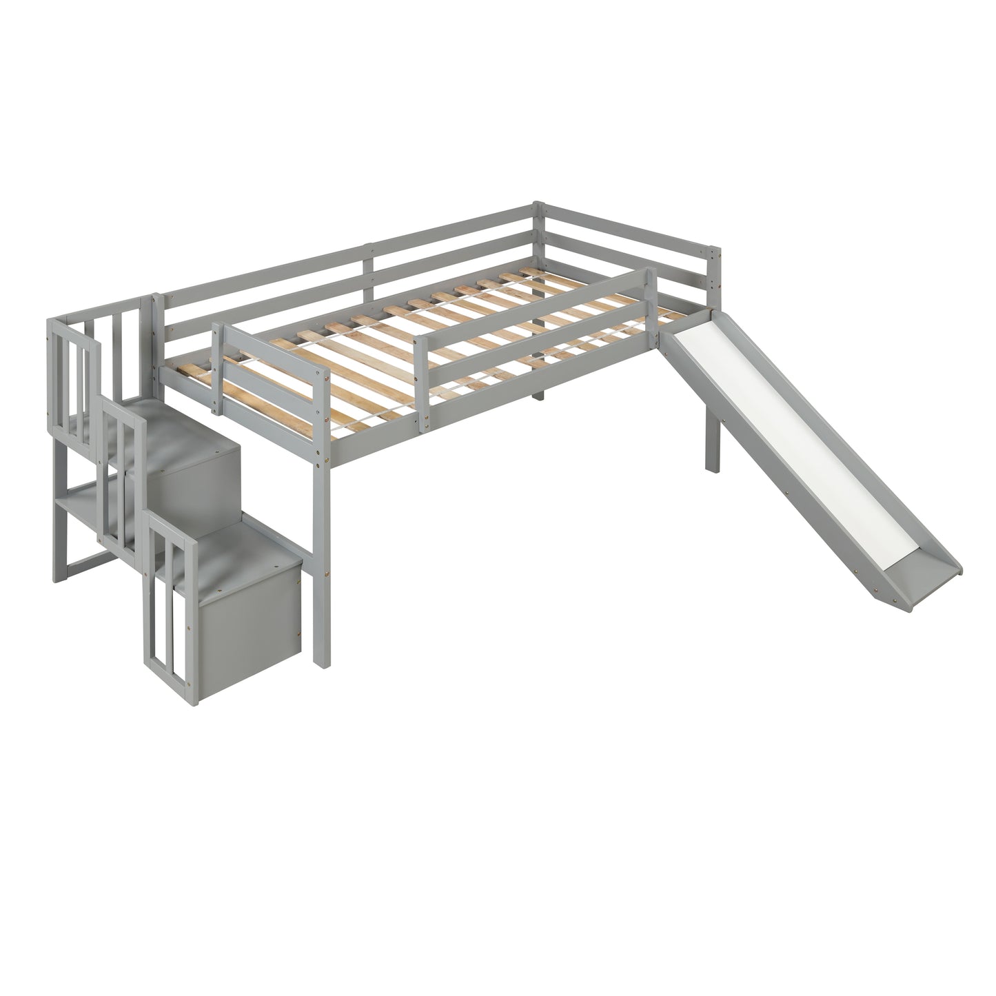 Loft Bed with Staircase, Storage, Slide, Twin size, Full-length Safety Guardrails, No Box Spring Needed, Grey (Old Sku:W504S00005)