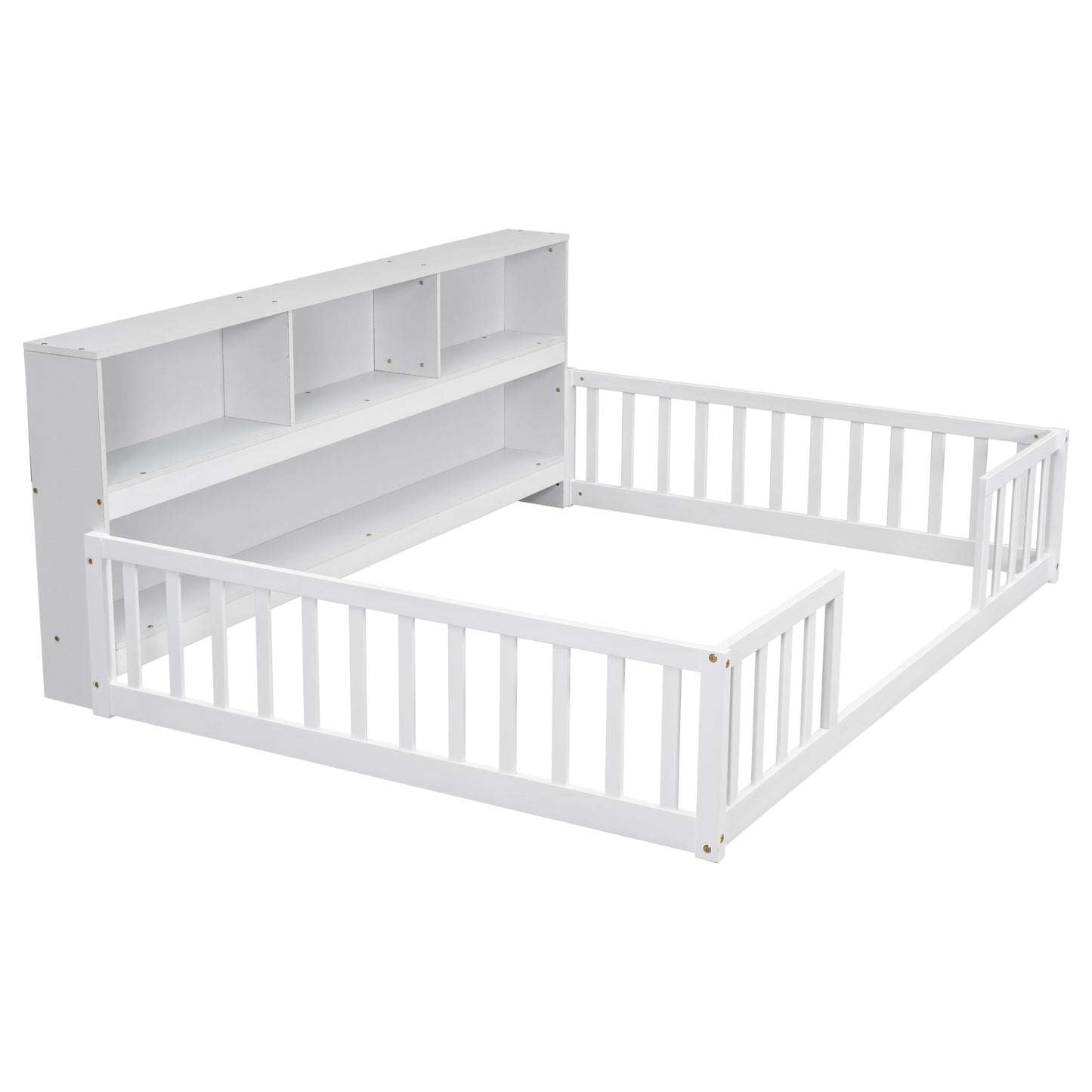 Full Floor Bed with Side Bookcase,Shelves,Guardrails,White