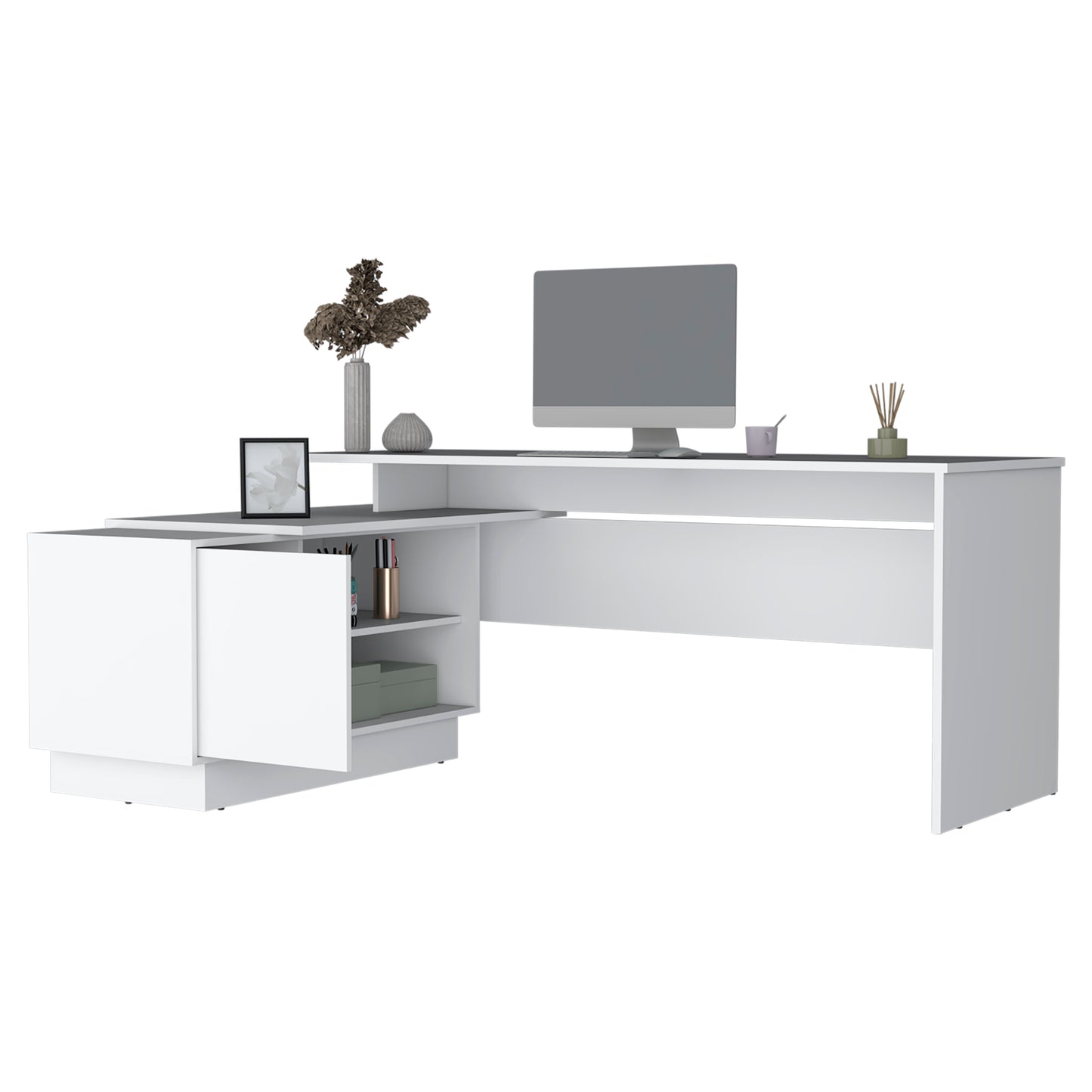 Emery L-Shaped 70" Wide Desk with One Cabinet and Two Open Shelves