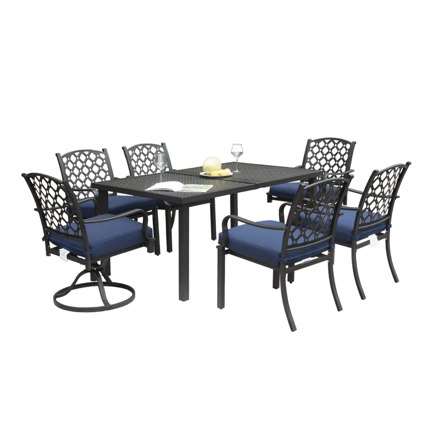 Outdoor 7 pcs Patio Dining Set, Metal Dining Table, Swivel and Dining Chairs Conversation Set with Removable Navy Blue Cushions for Garden Lawn Yard