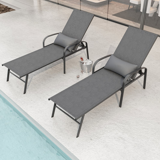 2 Pieces Set Outdoor Patio Swimming Pool Lounge Gray Color with Pillow