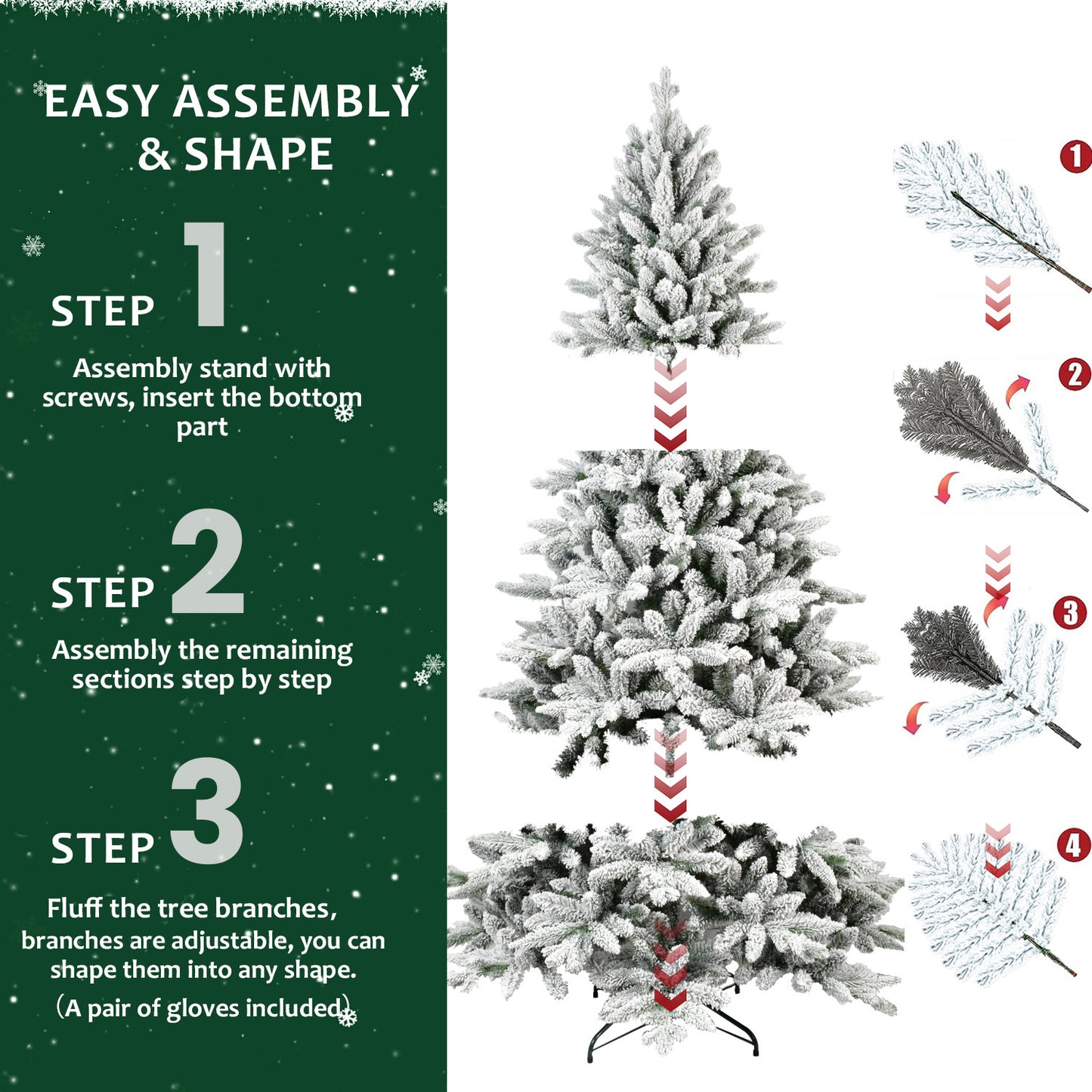 7FT PE & PVC Flocked Artificial Christmas Tree, With 1514 branch tips and metal stand, Foldable Fake Tree with Realistic Snowy Foliage for Home Decoration