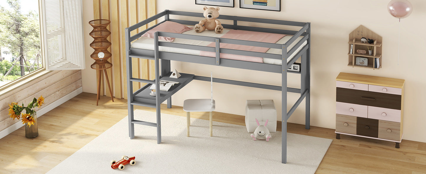 [SantaChoice] Twin Size Loft Bed with desk and shelves, Safety Guardrail and ladder,Grey