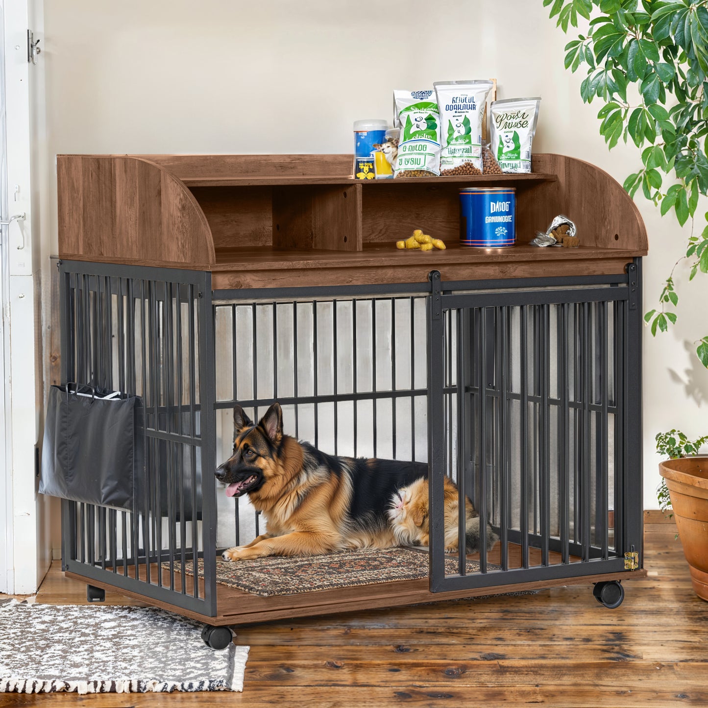 GO 44'' Heavy Duty Large Dog Crate Furniture for Large Medium Dog with Lockable Wheels, Wooden Dog Crate Dog Kennel, End Table Crate with Double layer storage, Brown