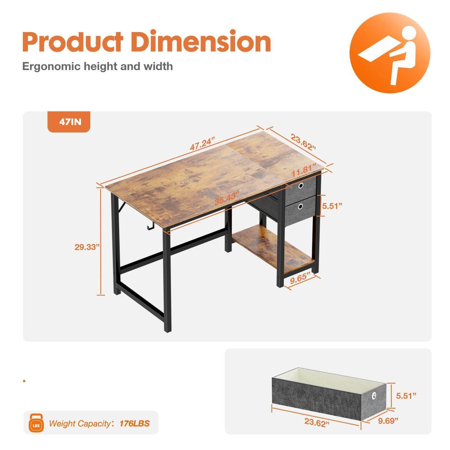 Modern Simple Style Home Office Writing Desk with 2-Tier Drawers Storage,Vintage Rustic,47IN