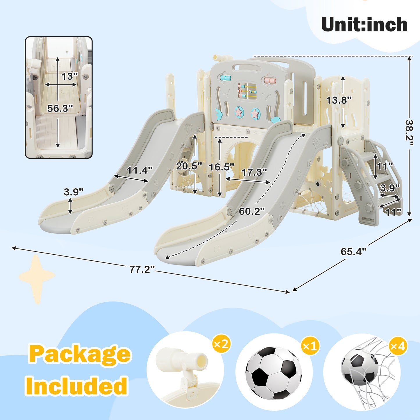 Kids Slide Playset Structure 8 in 1, Freestanding Ocean Themed Set with Slide, Arch Tunnel,Basketball Hoop and Telescope, Double Slides for Toddlers, Kids Climbers Playground