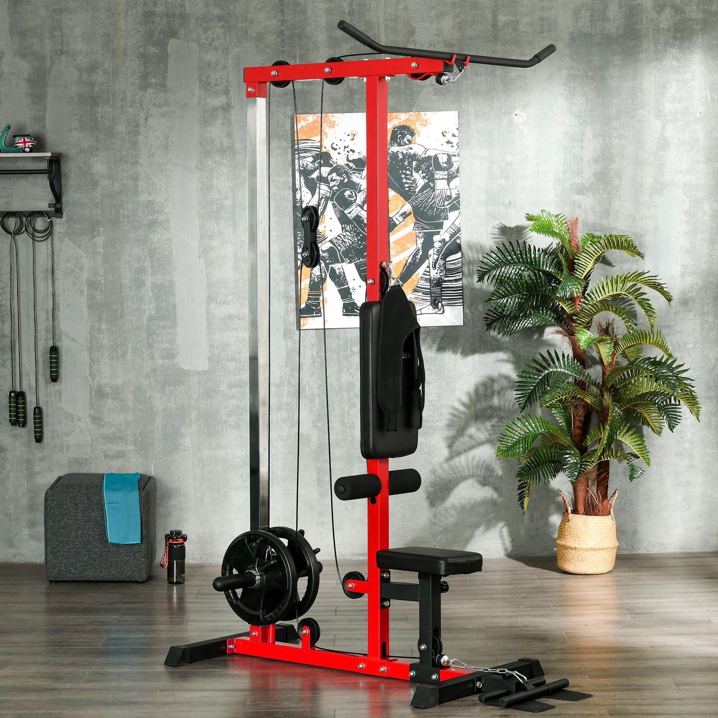 Soozier Cable Machine, LAT Machine with High and Low Pulley Stations, Cable Row Machine with Adjustable Seat and Flip-Up Footplate, for Home Gym, Black and Red