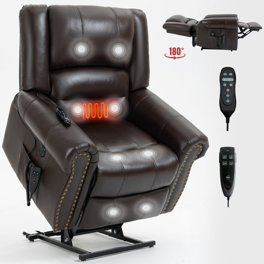 Power Lift Recliner Chair Heat Massage Dual Motor Infinite Position Up to 350 LBS, Genuine Leather, Heavy Duty Motion Mechanism with USB Ports, Brown