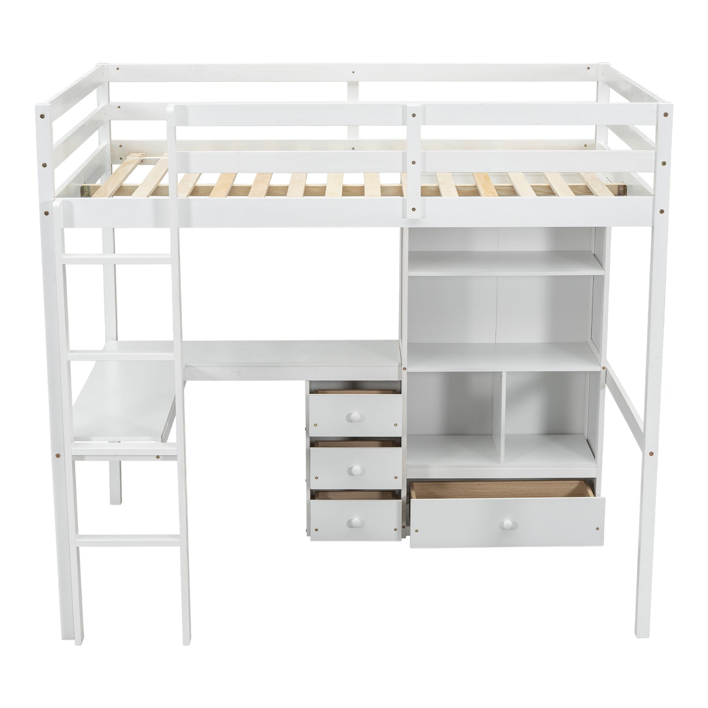 Full Size Loft Wood Bed with Desk, Storage shelves and Drawers, Built-in Ladder, High Loft Bed with Desk, Storage Shelves and Drawers,Guardrails,White