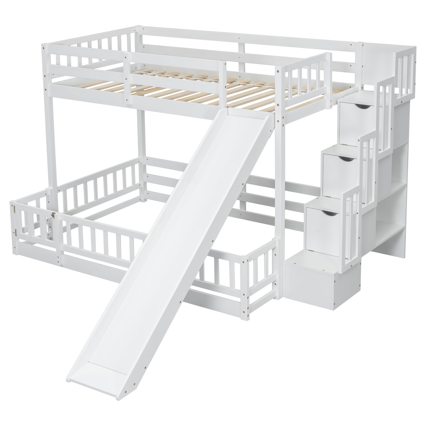 Twin Over Full Bunk Bed with Slide, Storage Staircase, Pine Solid Wooden Bunk Bed with Safety Guardrails,White