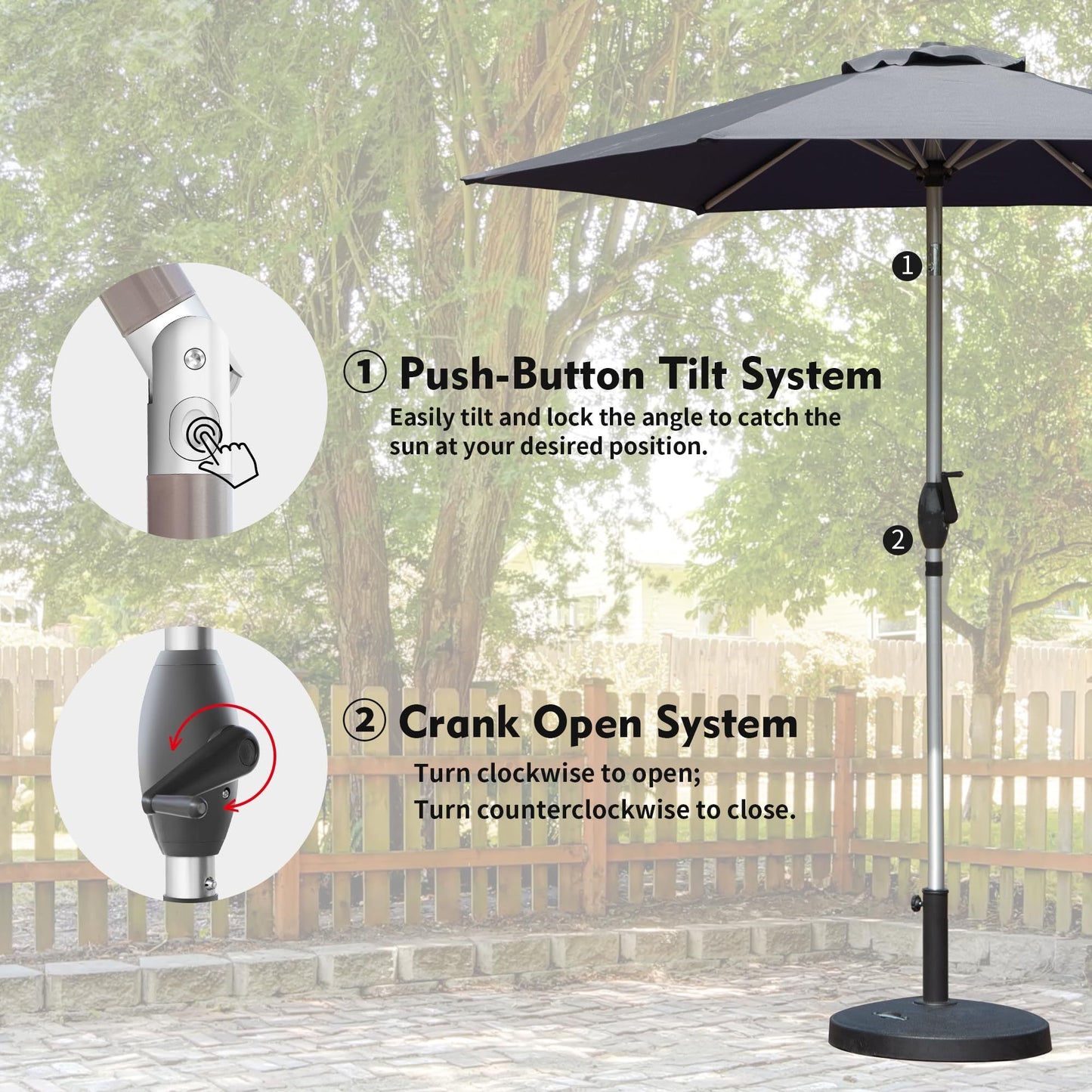 7.5FT Patio Umbrella, Outdoor Table Umbrella with Push Button Tilt and Crank, UV Protection Waterproof Market Sun Umbrella with 6 Sturdy Ribs for Garden, Deck, Backyard, Pool (Gray)