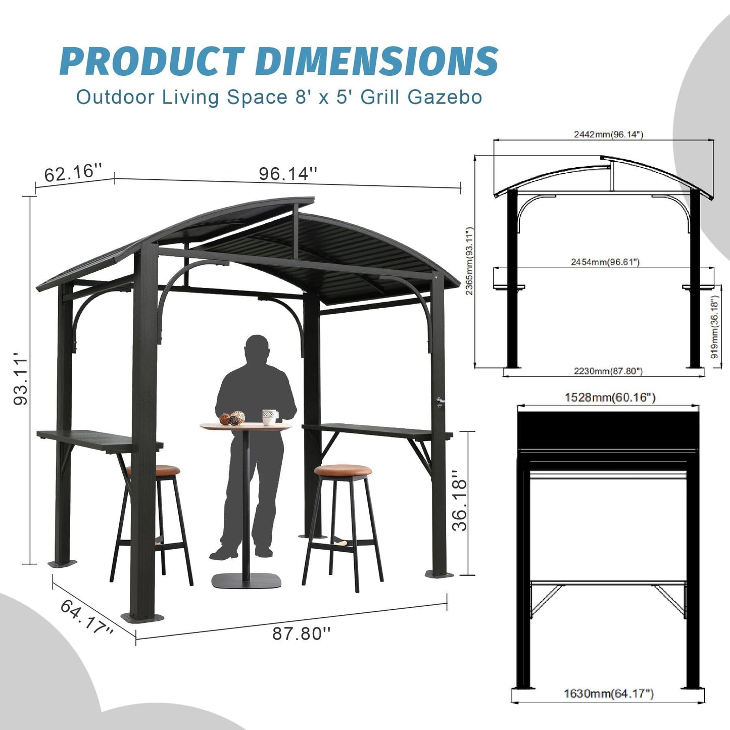 8x5FT  Arc Roof, Grill Canopy for Outdoor Grill w/Double Galvanized Steel Roof and 2 Side Shelves, BBQ Gazebo Grill Tent for Patio Garden Backyard, Grey