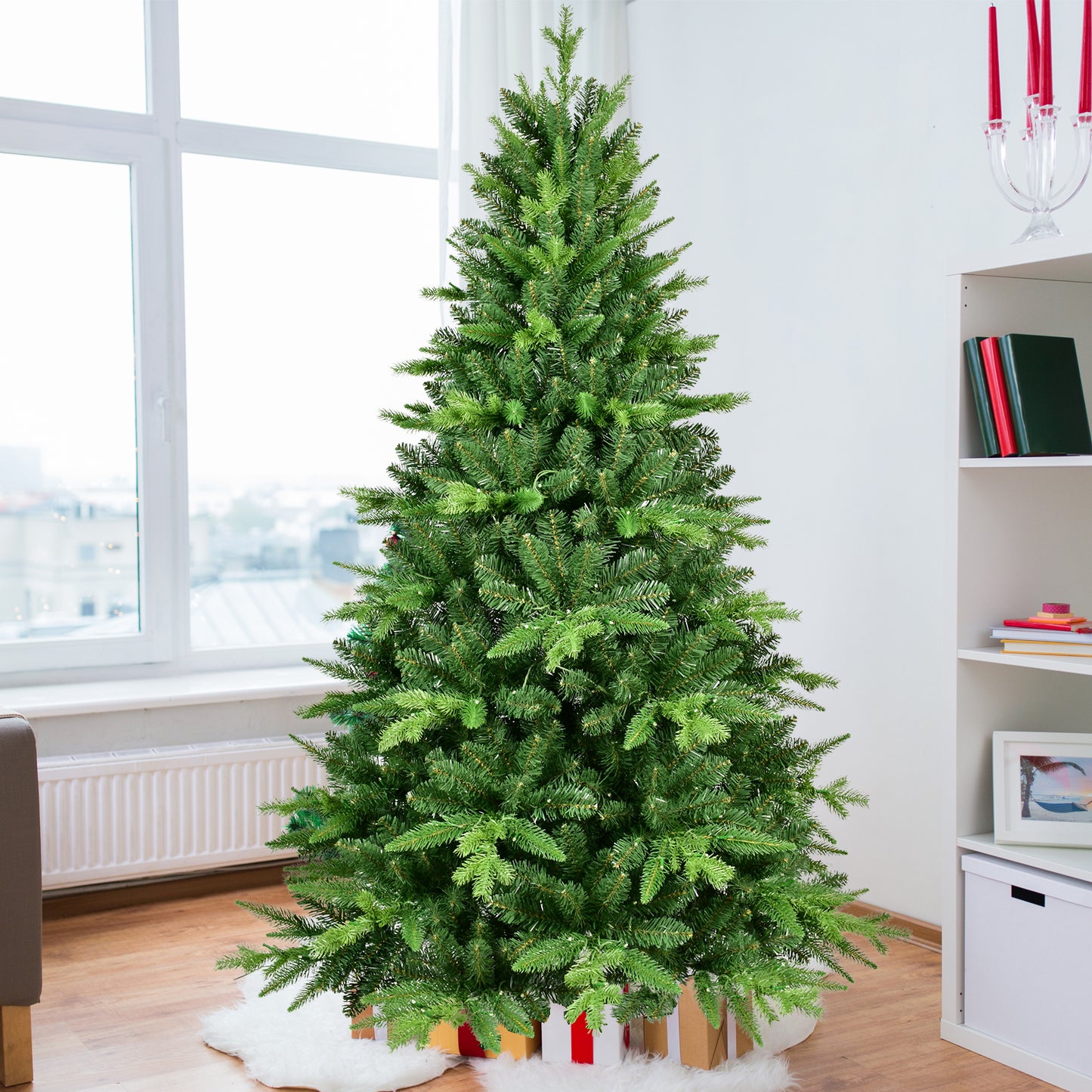 7FT PE And PVC Christmas Tree with Lights, Unique Christmas Tree Prelit with 1692 Branch Tips,450 Warm White LEDs and Metal Stand, Aritificial Christmas Tree