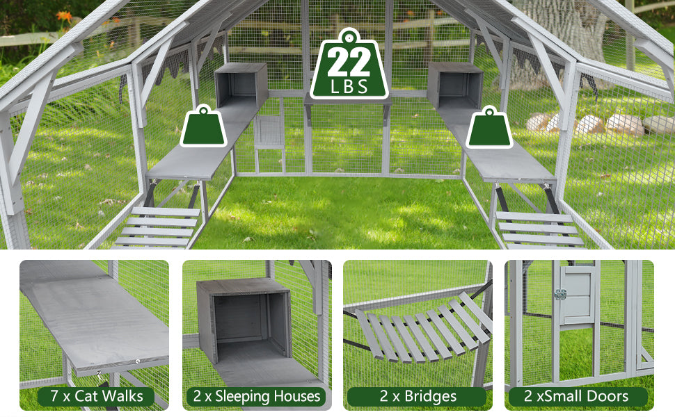 Outdoor Cat House Cat Enclosures 110" Large Kitten Playpen with Platforms,Upgrade Waterproof Cover-Grew&White