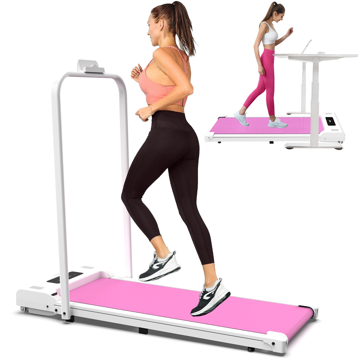 Under Desk Treadmill, Walking Pad, 2 in 1 Portable Treadmill with Handle Remote Control LED Display, Walking Jogging Machine for Home Office Use(265 lbs)-Pink