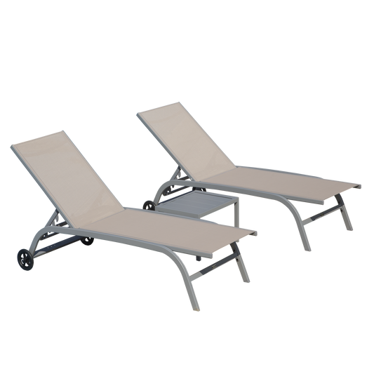 Chaise Lounge Outdoor Set of 3, Lounge Chairs for Outside with Wheels, Outdoor Lounge Chairs with 5 Adjustable Position, Pool Lounge Chairs for Patio, Beach (Khaki,2 Lounge Chairs+1 Table)