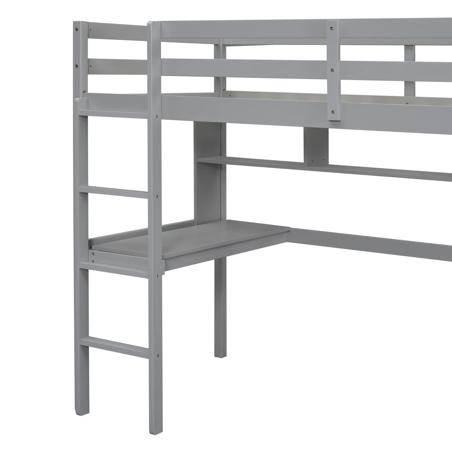 [SantaChoice] Twin Size Loft Bed with desk and shelves, Safety Guardrail and ladder,Grey