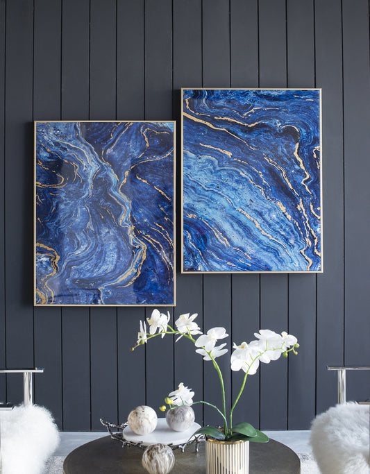 Set of 2 Blue and Gold Framed Art Panels, Unique Marbled Design, 30.5' x 40'