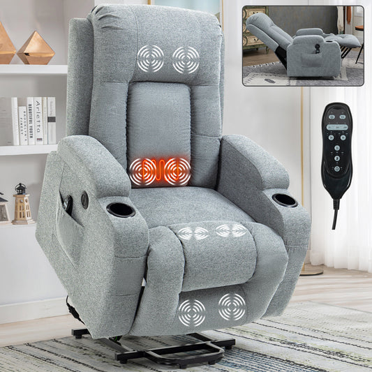 Infinite Position Single Motor Up to 350 LBS Power Lift Recliner Chair for Elderly, Heavy Duty Motion Mechanism with 8-Point Vibration Massage and Lumbar Heating, USB Charging Port, Cup Holders, Grey