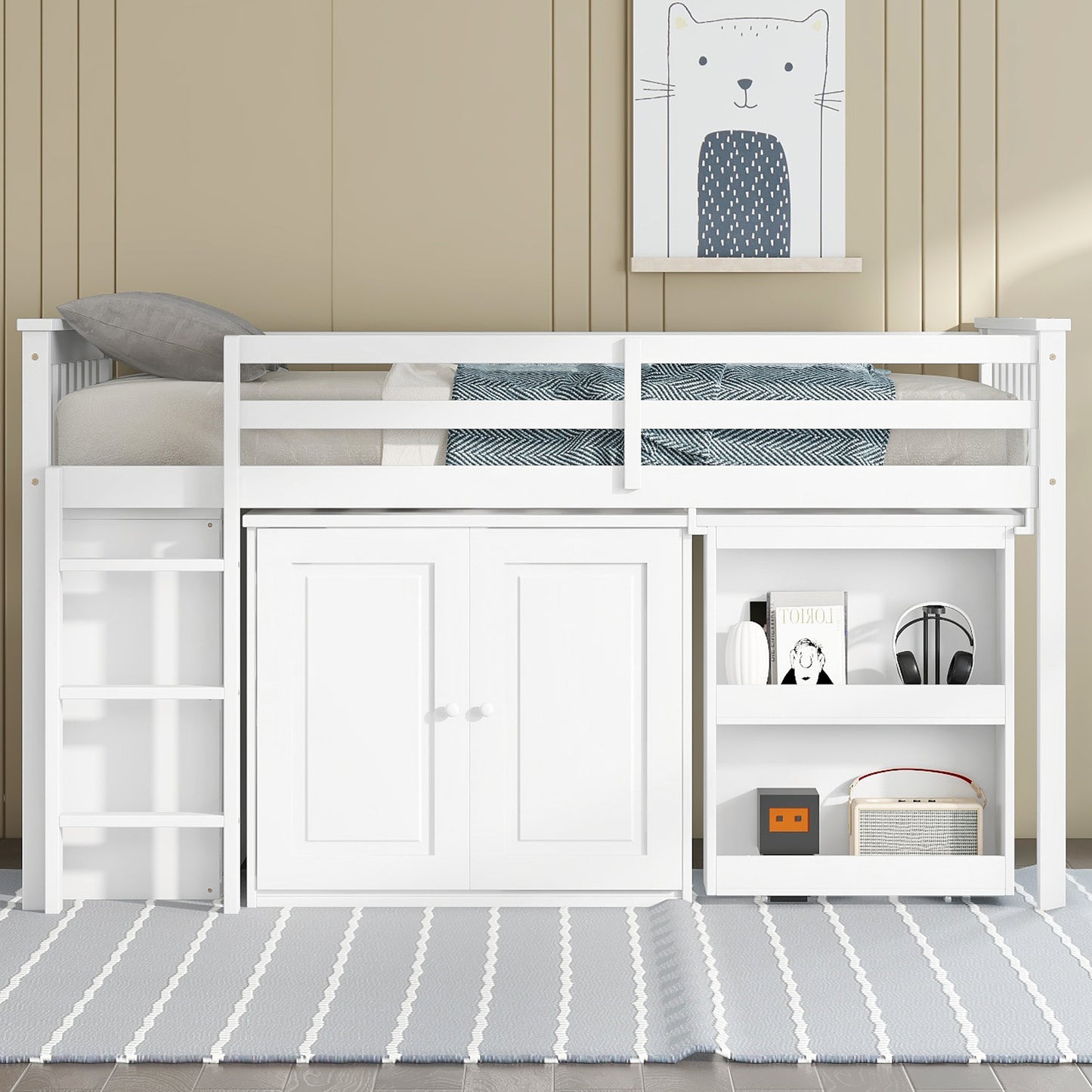 Twin Loft Bed with Storage Cabinet, Drawer and Shelf Cabinet and Pulling-Out Desk, Rubber Wood Loft Bed with Safety Guardrail, Ladder,White