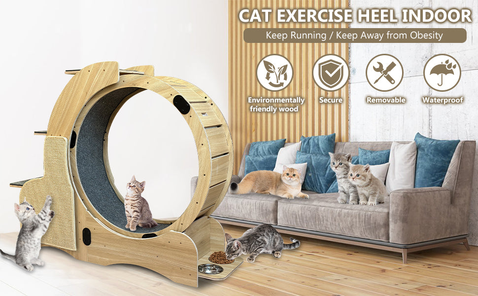 5-in-1 Cat Sports Running Wheel, Cats Wheel Wood Climbing Frame, Cat Litter Fitness Wheel, Oversized Roller Cat Indoor Activity Center,Large(Right)