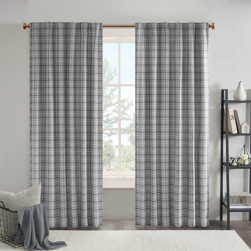 Plaid Rod Pocket and Back Tab Curtain Panel with Fleece Lining Grey 50x84'