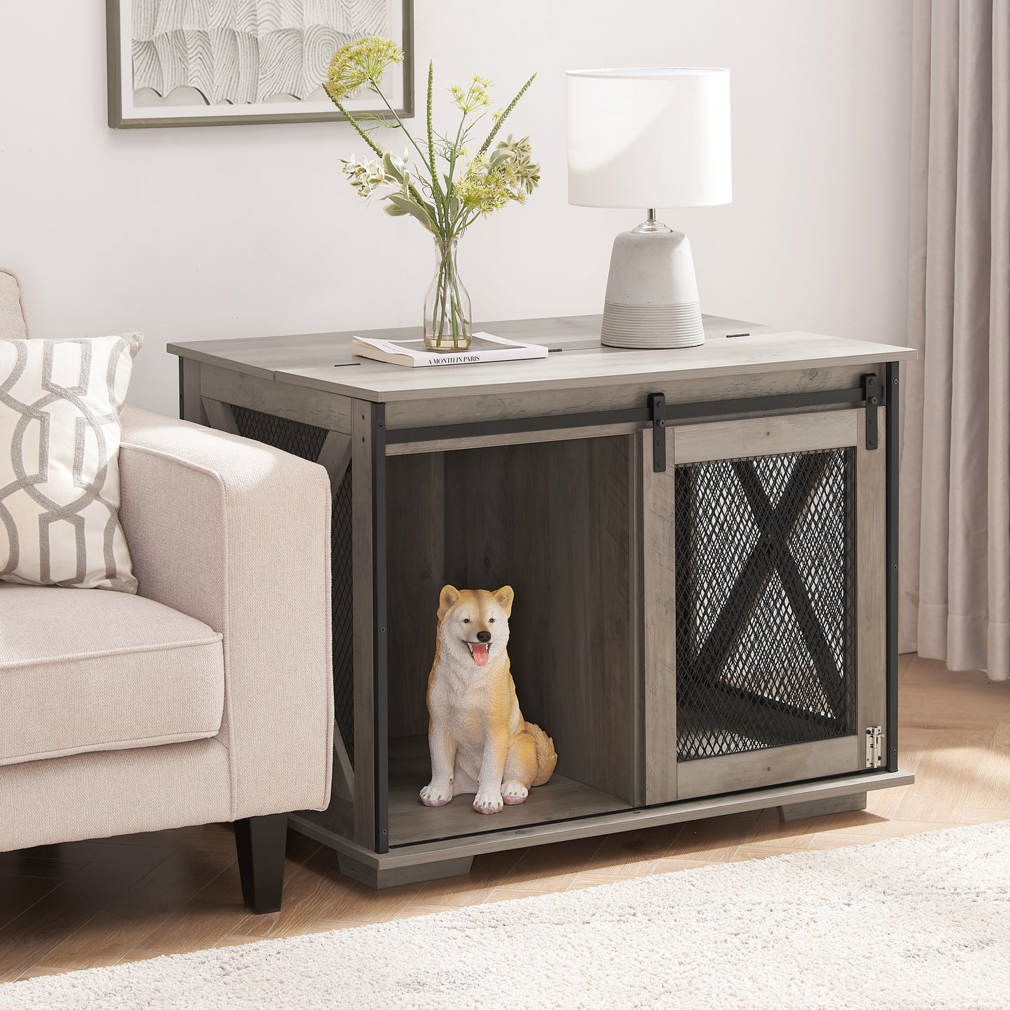 Farmhouse Dog Cage Crate Furniture with Sliding Barn Door,  Farmhouse Wooden Dog Kennel End Table with Flip-top Plate Dog House with Detachable Divider for Small/Medium/Large Dog Gray