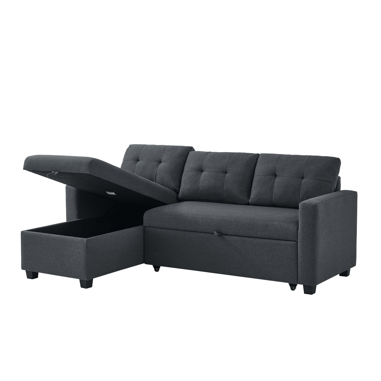 [SantaChoice] Upholstered Pull Out Sectional Sofa with Storage Chaise, Convertible Corner Couch, Dark Grey