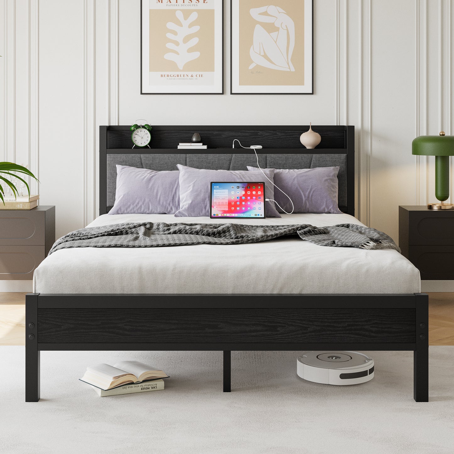 Queen Size Bed Frame, Storage Headboard with Charging Station, Solid and Stable, Noise Free, No Box Spring Needed, Easy Assembly