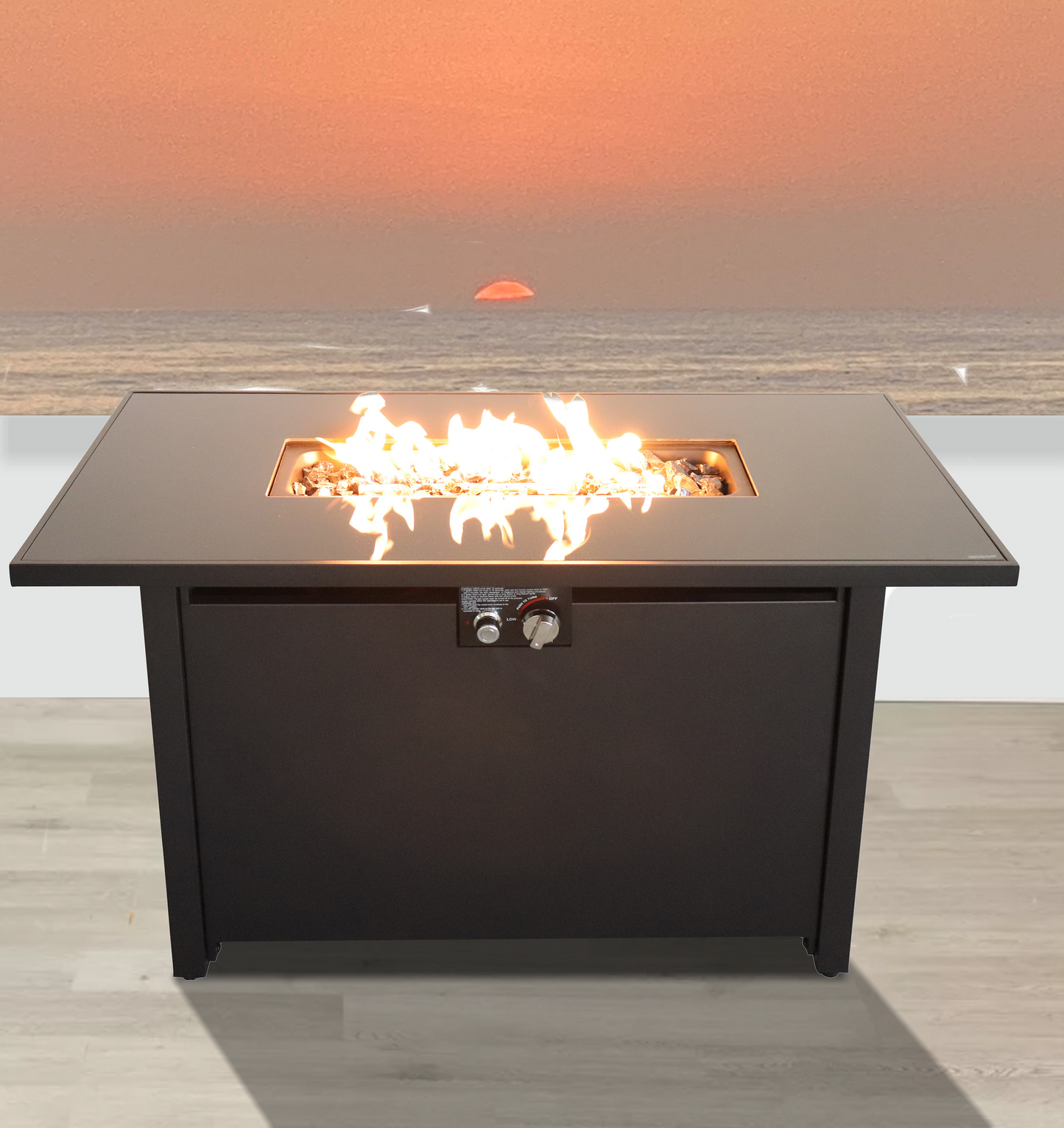 43" Smoked Glass Metal Rectangle Fire Pit (Black)