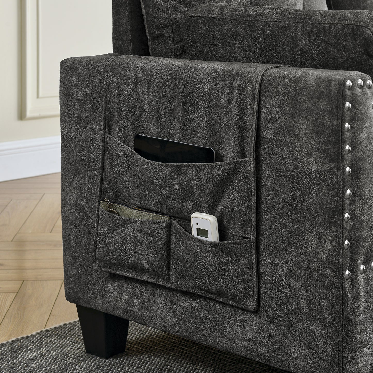 Sectional 3-Seaters Sofa ,Double-sided multi-functional footstool, storage mat , Non-slip leg, two pillows, Velvet, Dark grey