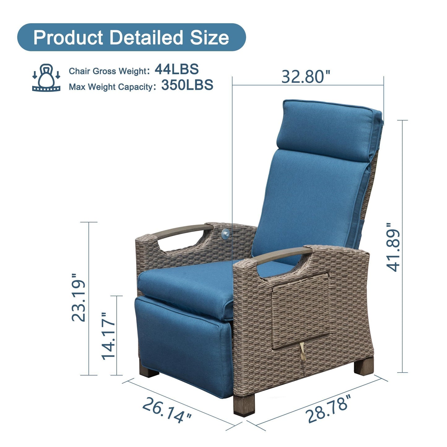 Outdoor Recliner Chair, Patio Recliner with Hand-Woven Wicker, Flip Table Push Back, Adjustable Angle, 6.8'' Thickness Cushions, Reclining Lounge Chair for Indoor and Outdoor, Navy Blue