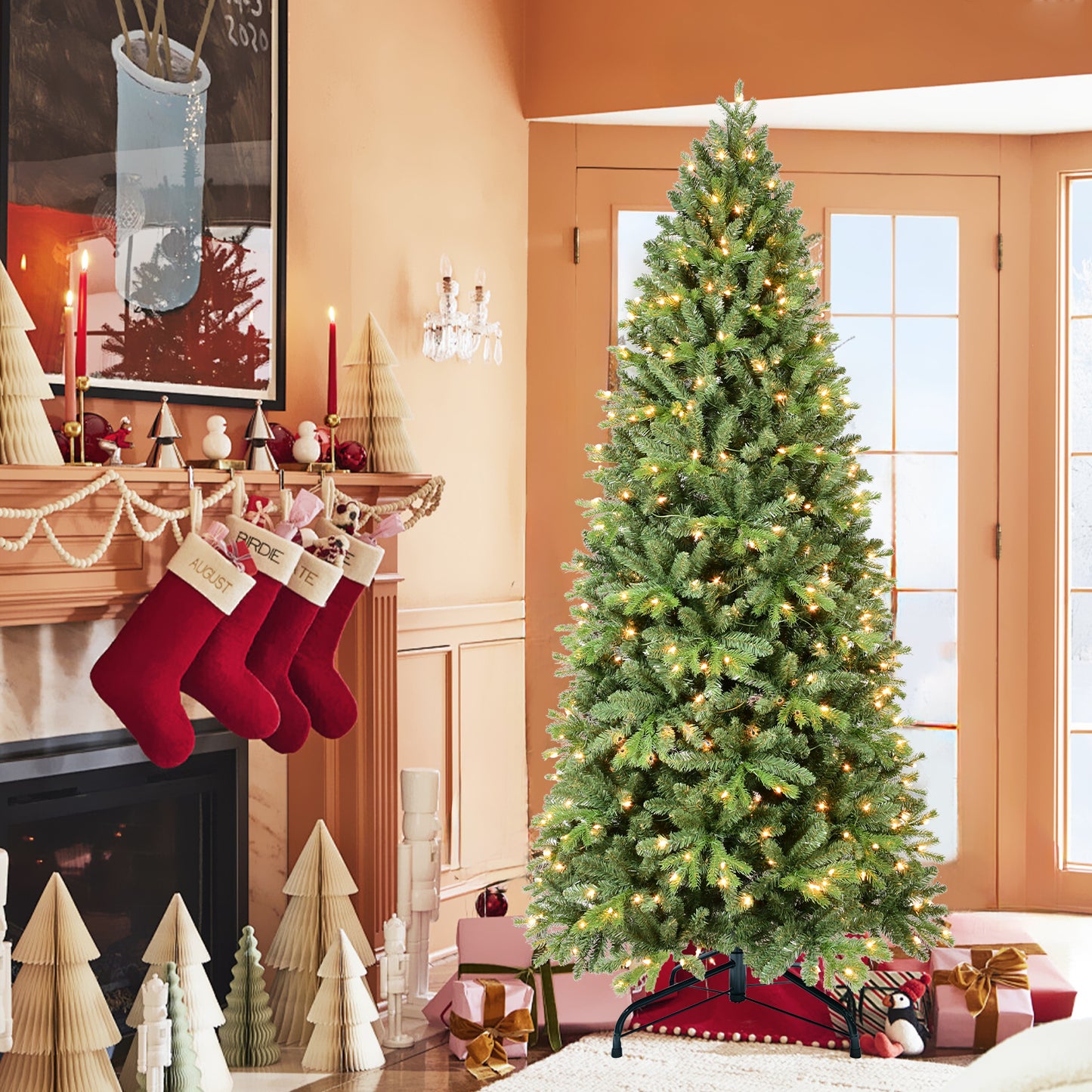 8FT Pre-Lit Slim Christmas Tree, Green, Fir Xmas 'Feel Real' Artificial Tree, White Lights, Metal Hinged, Foldable Base