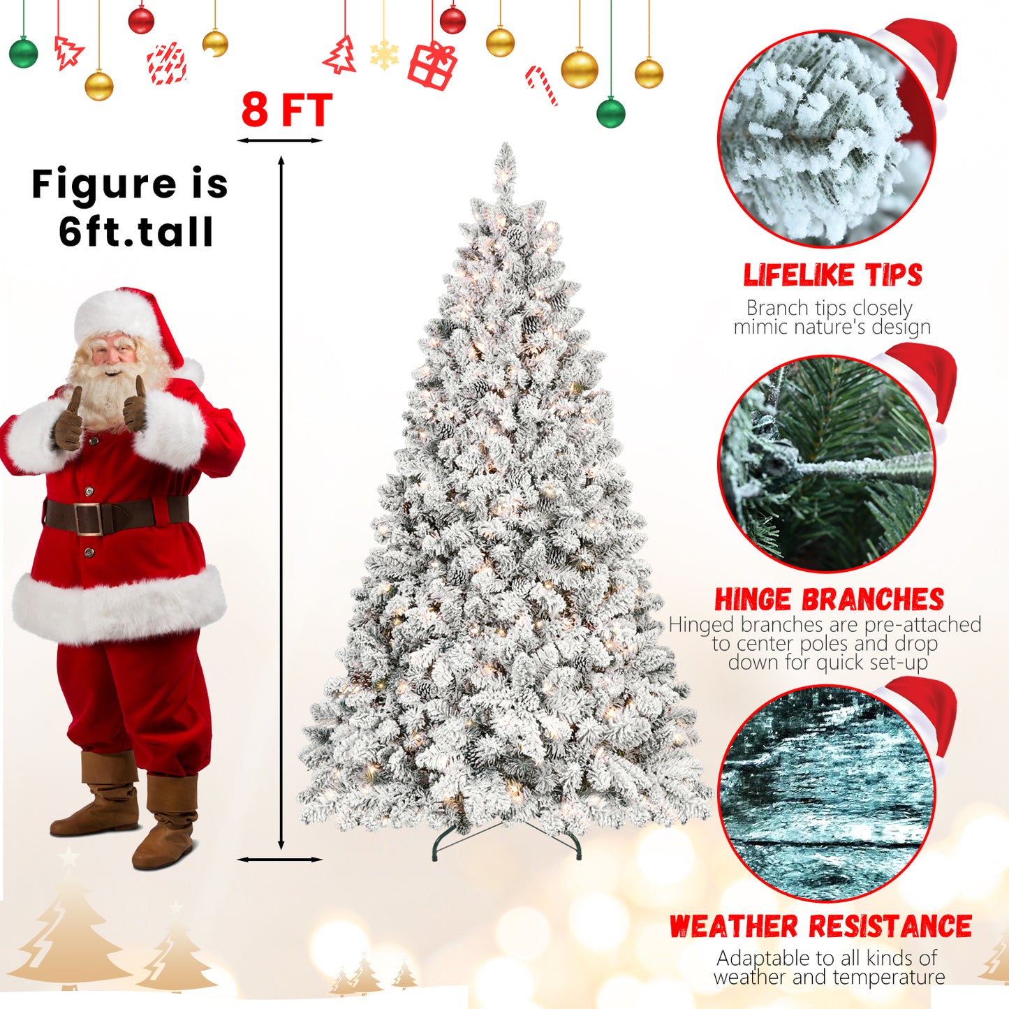 6FT Snow-Flocked Artificial Christmas Tree with Pine Cones, Prelit Xmas Trees, Hinged Easy Assembly & Reinforced Metal Base - Ideal for Indoor & Outdoor Festive Decorations