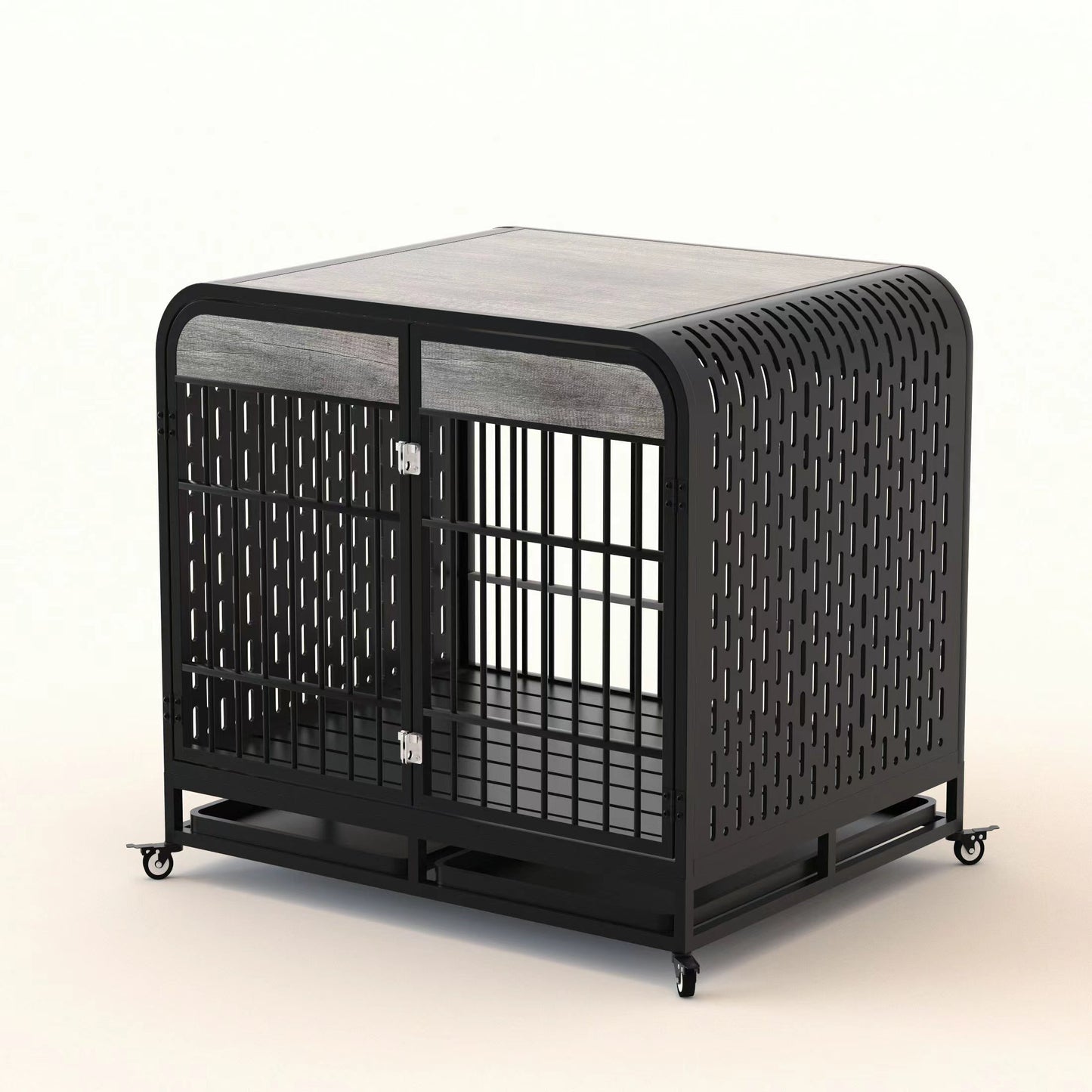 Heavy Duty Dog Crate Furniture Wooden Table Pet Dog Cage Kennel House Indoor Side End Table Decor with Removable Trays and Lockable Wheels for Medium and Large Dogs 42" Grey